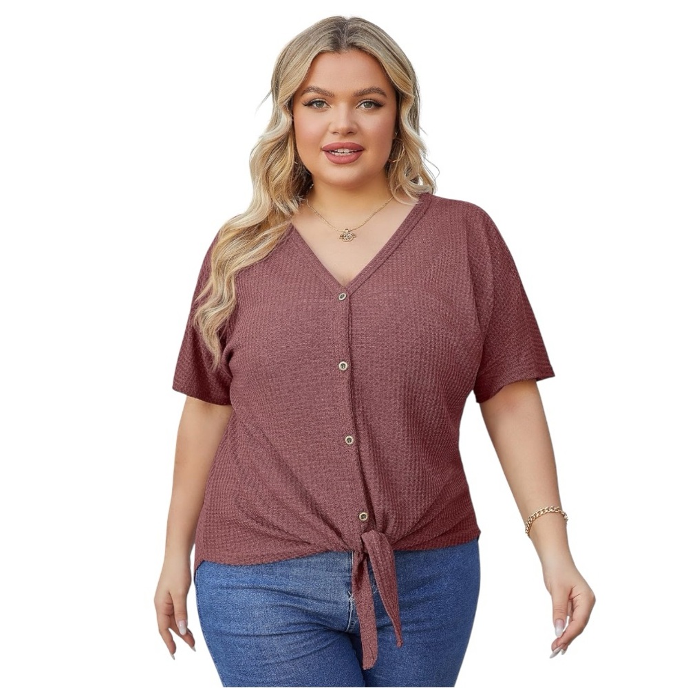 076-OLRIK Women’s Waffle Knit Tunic Blouse with Tie Front Size: 3X